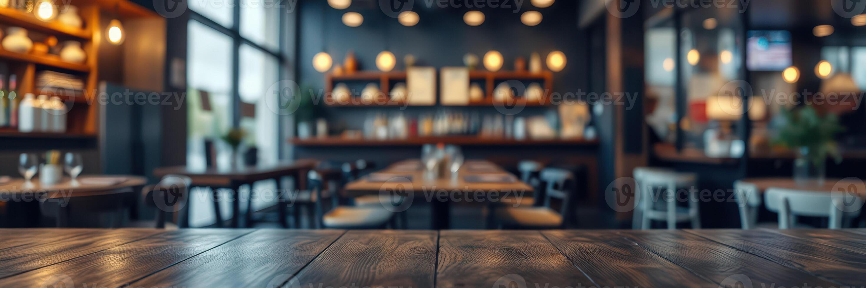 Cozy restaurant interior showcasing wooden tables and ambient lighting in a lively atmosphere during evening hours photo