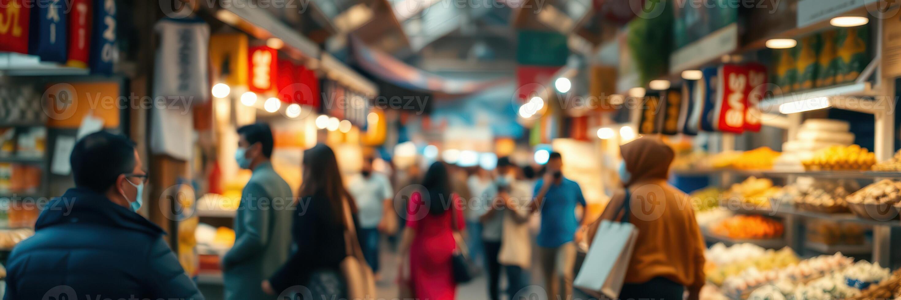 Crowd explores vibrant market filled with colorful stalls and diverse products during a busy afternoon photo