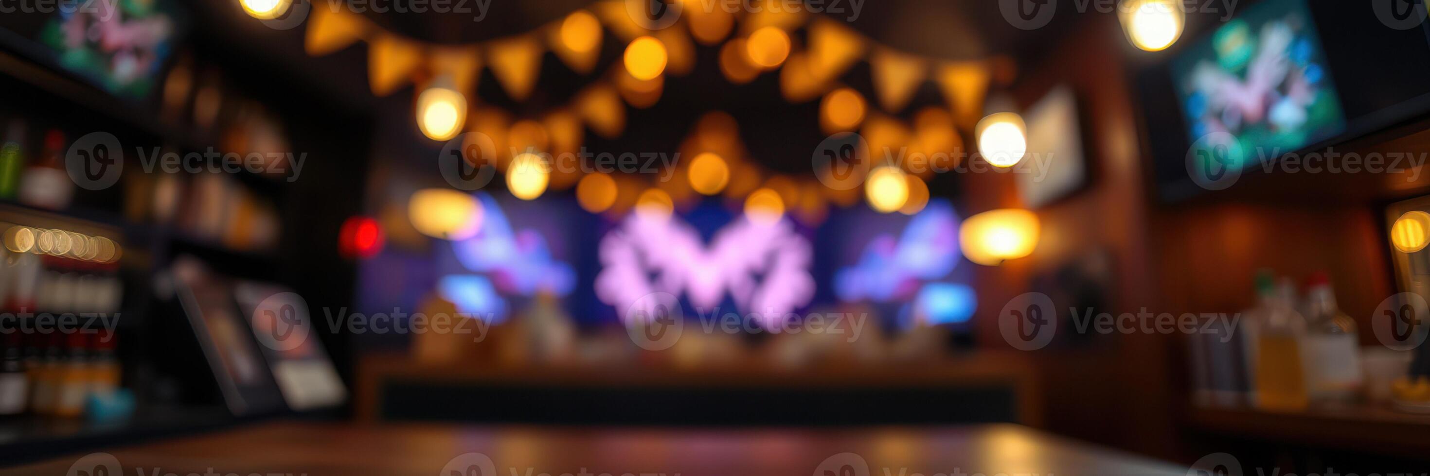 Festive interior setting showcasing warm lights and vibrant decorations at a local venue during evening hours photo