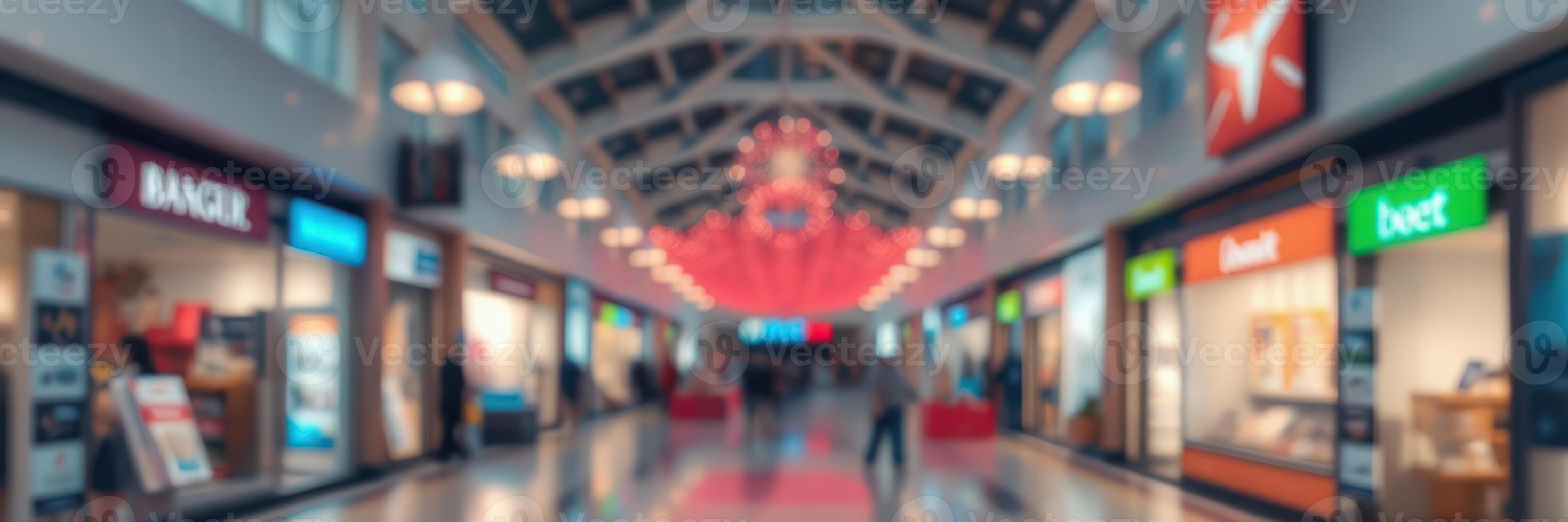 Shopping center bustling with activity during the day highlighting stores and decorations photo