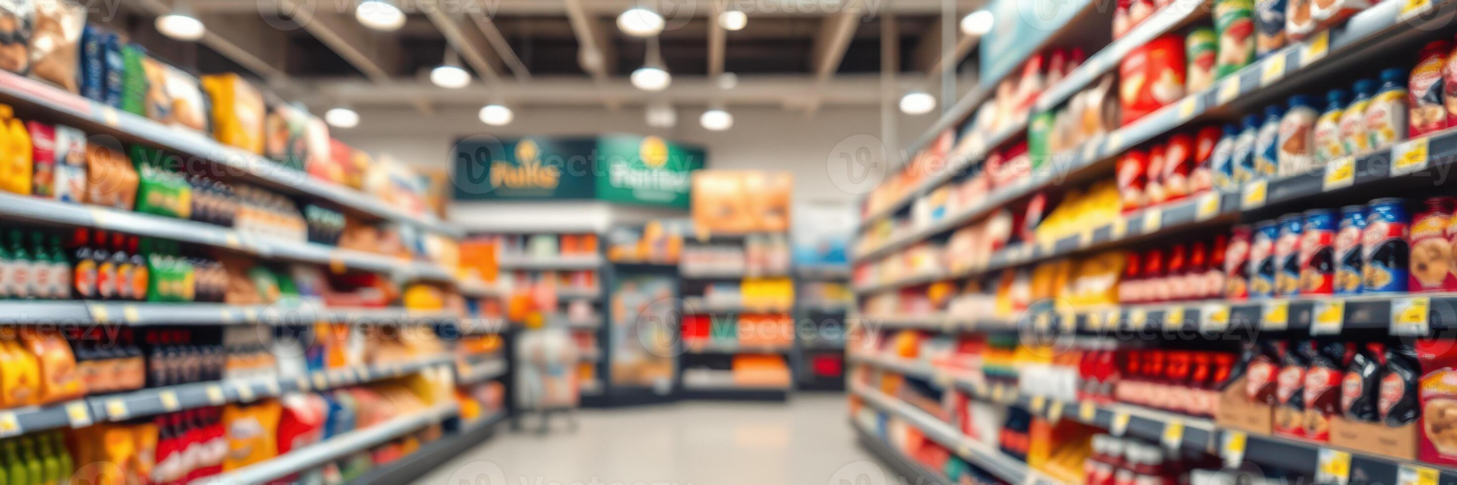 Grocery store aisle filled with colorful products and shelves lined with popular food items in a well-lit supermarket photo