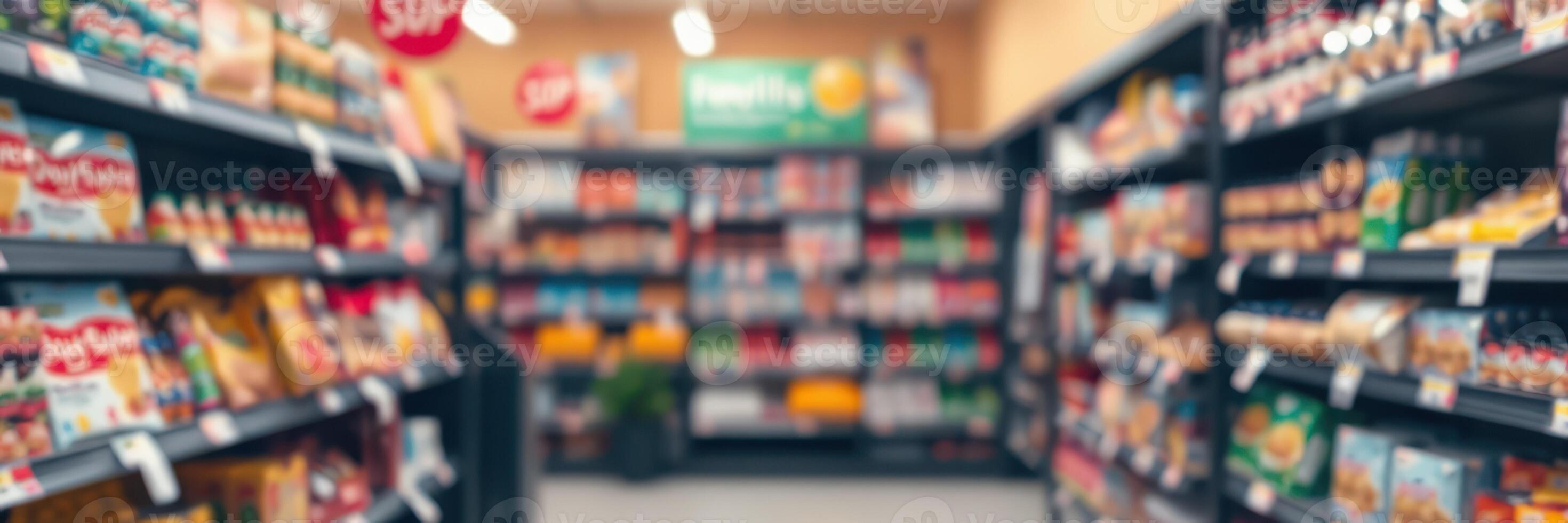 Grocery store aisle filled with various products and packaged goods during daytime shopping photo