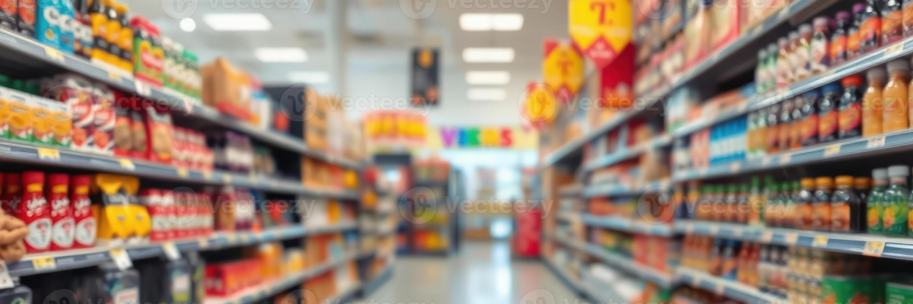 Grocery aisle filled with various food and beverage products during a busy shopping day photo