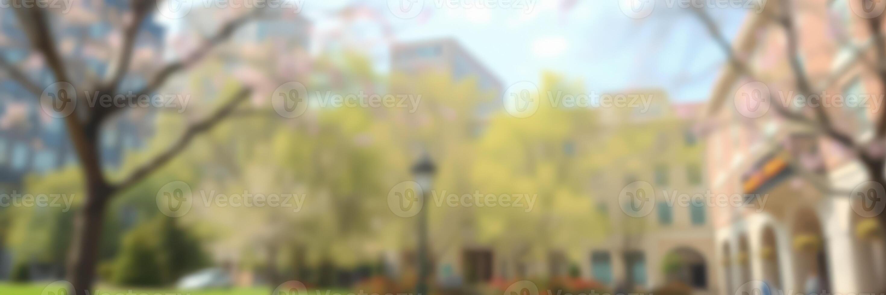 Vibrant spring day in an urban park with blooming trees and modern buildings in the background photo
