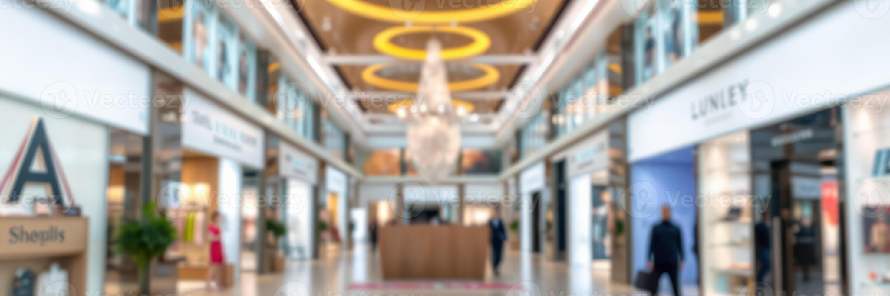 Elegant shopping mall interior displaying modern design elements and a grand chandelier with busy shoppers photo
