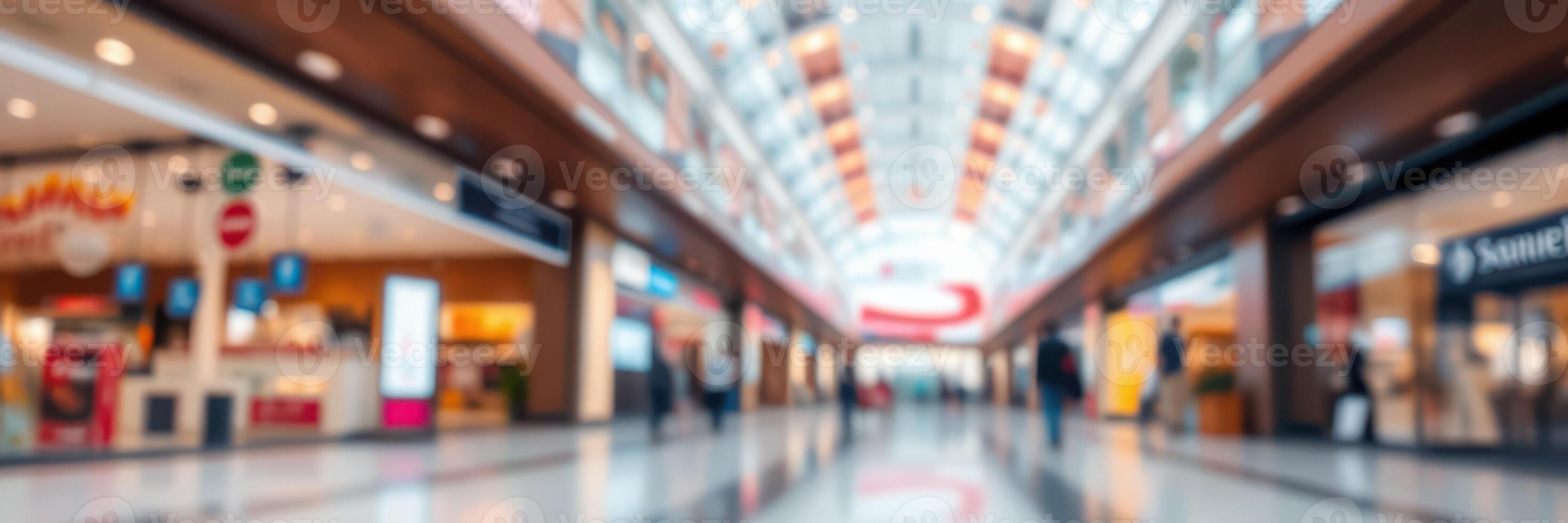 Brightly lit shopping center with people walking and shops open during a busy afternoon in an urban area photo