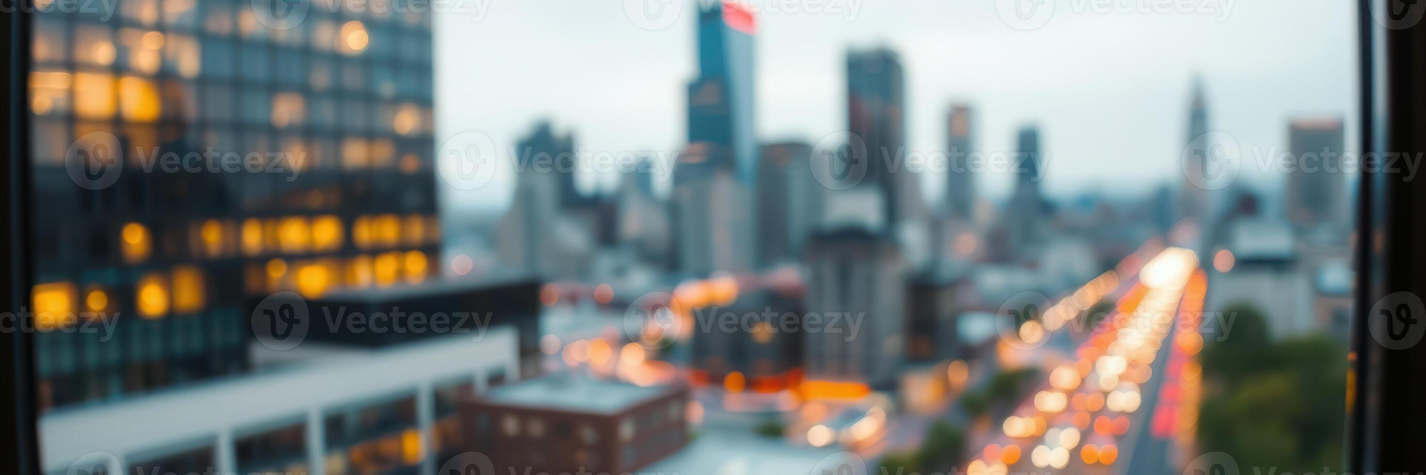 City skyline at dusk with blurred lights and tall buildings in an urban landscape photo