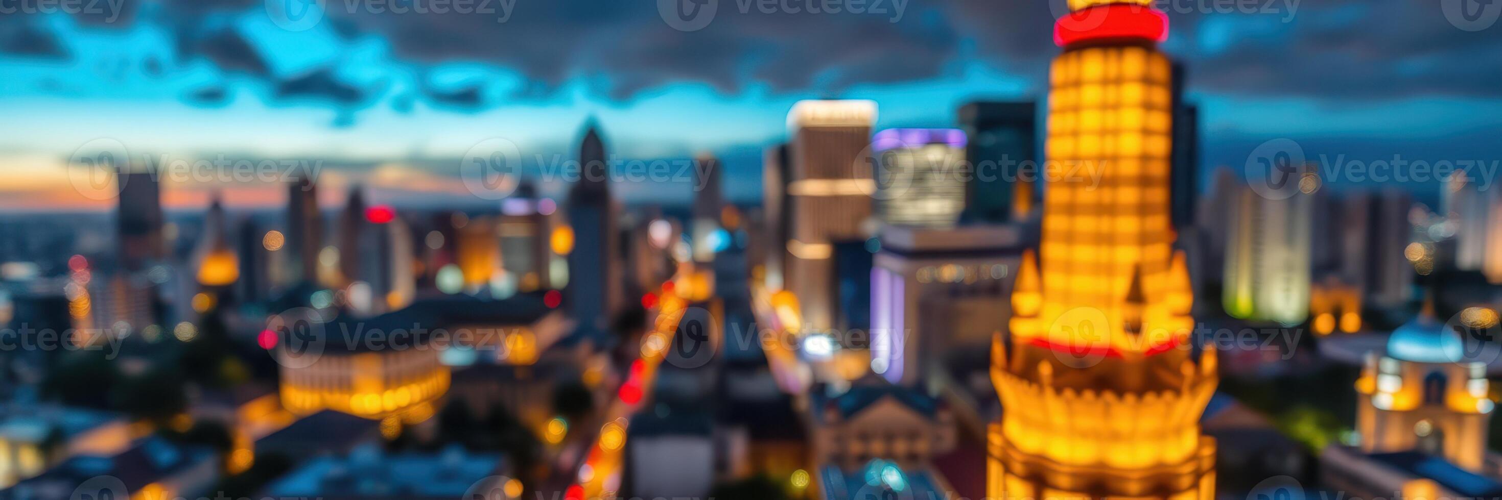 City skyline illuminated at night with vibrant lights and a dramatic sky in a bustling urban environment photo