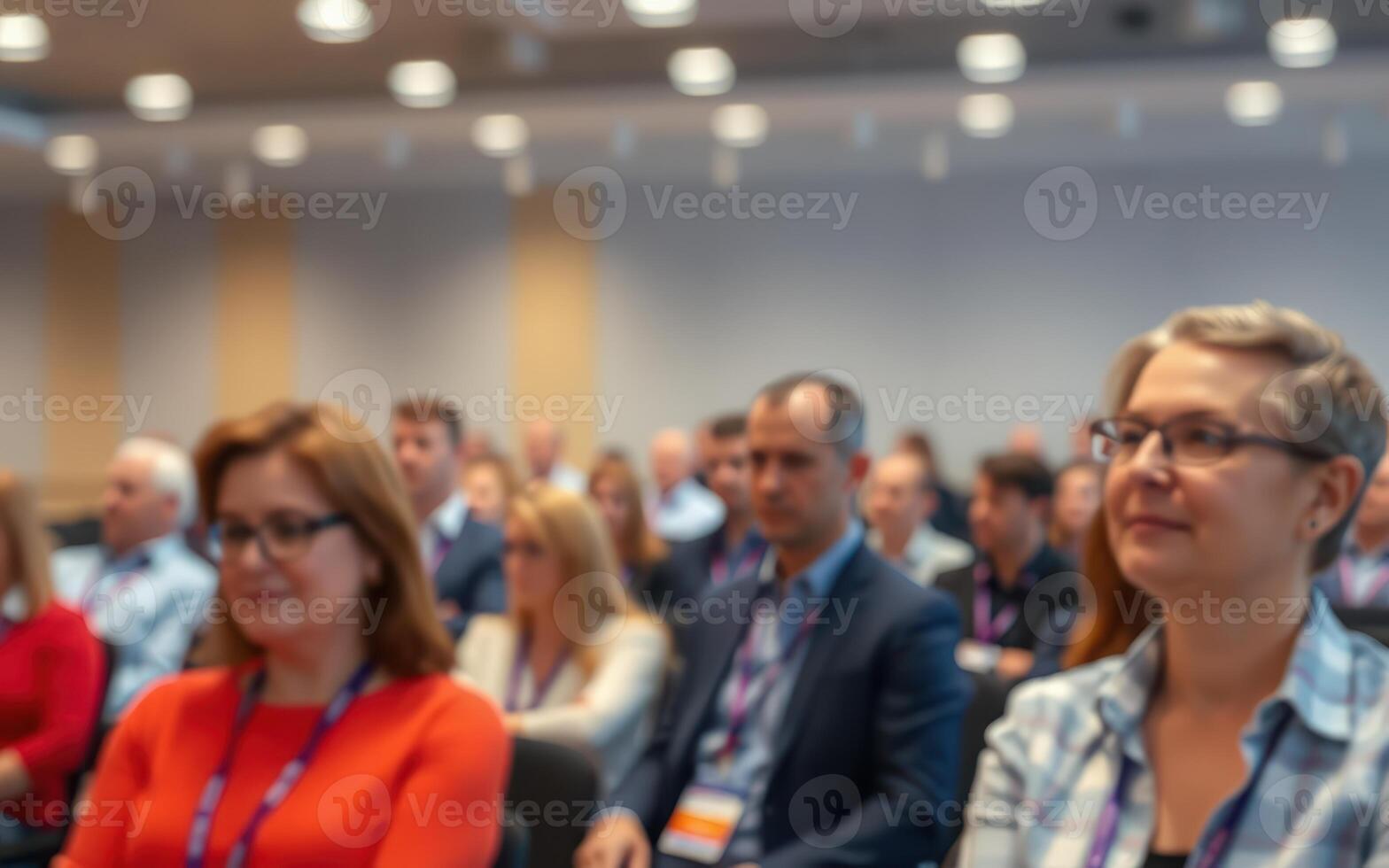 Engaged audience at a business conference in a modern seminar room during a morning session photo