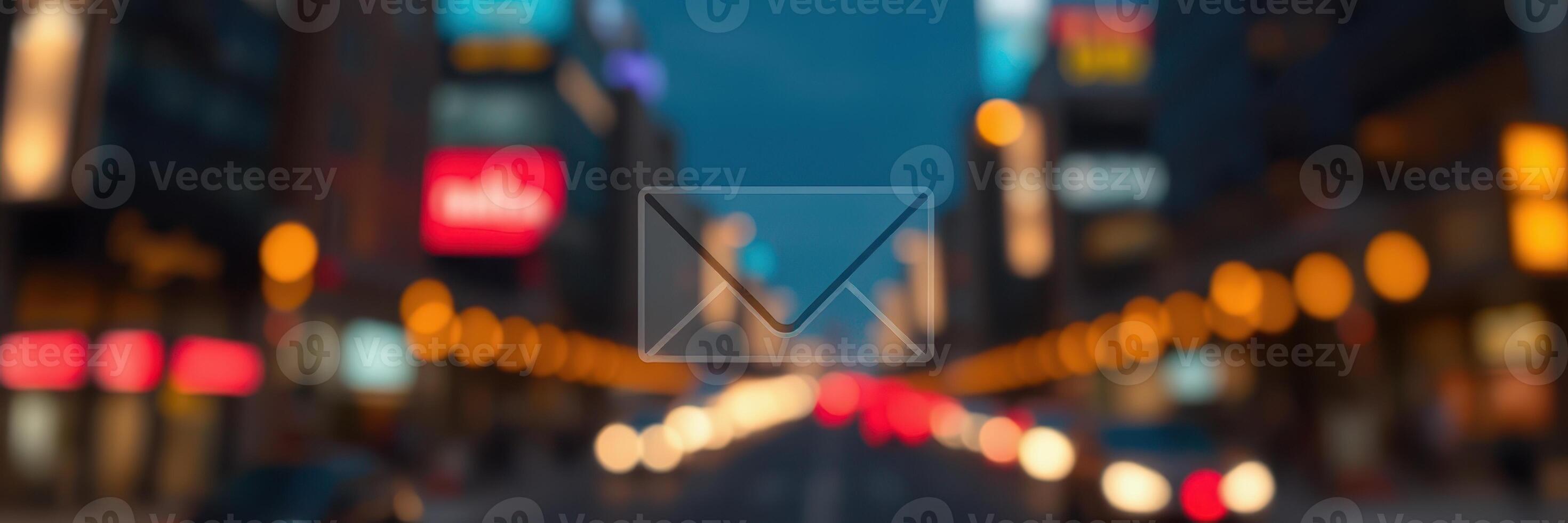 City lights illuminate a vibrant urban street during twilight with blurred traffic and glowing signs photo