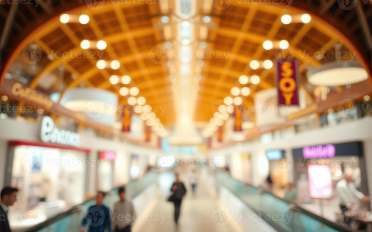 Modern shopping mall interior with stylish design and shoppers engaging in various activities throughout the day photo