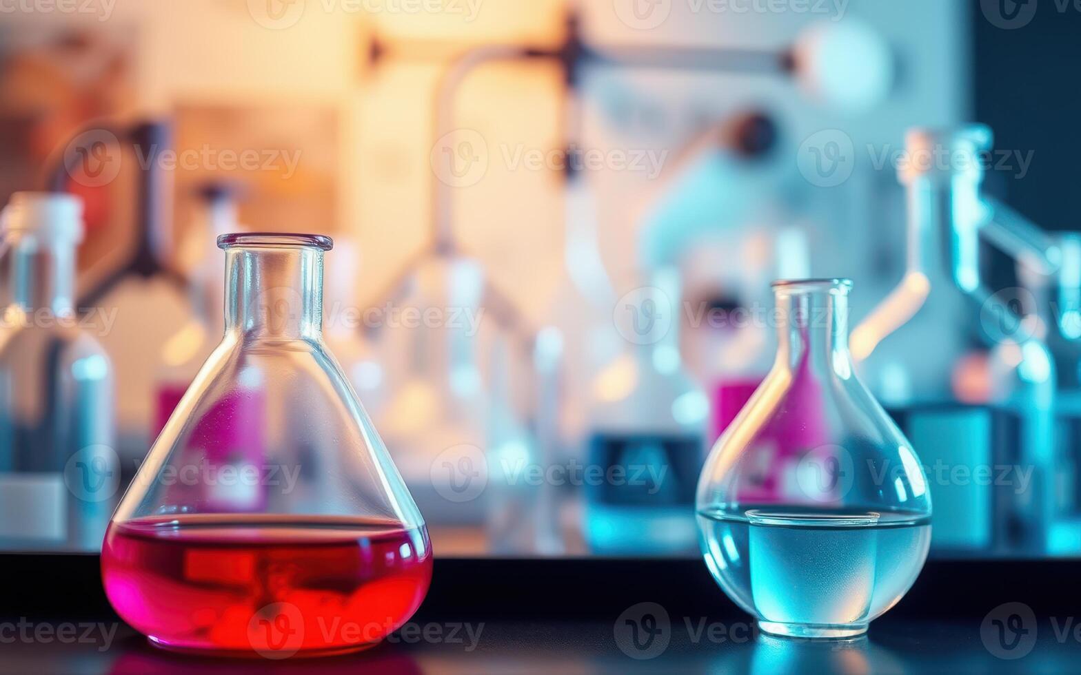 Colorful chemistry experiment showcasing glass flasks filled with red and clear liquids in a laboratory setting photo