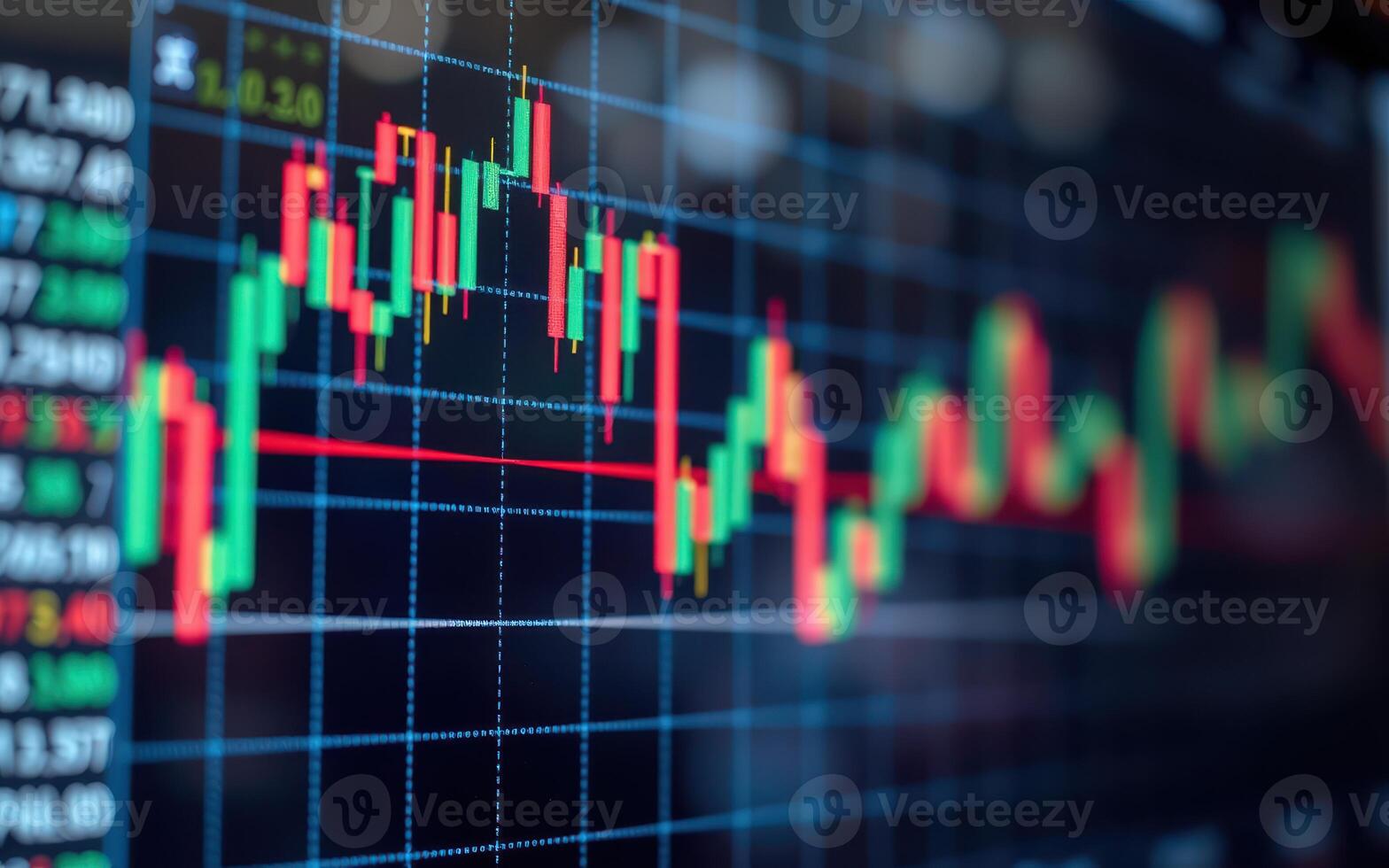 Stock market chart displays fluctuations in price trends during trading hours on a digital screen photo