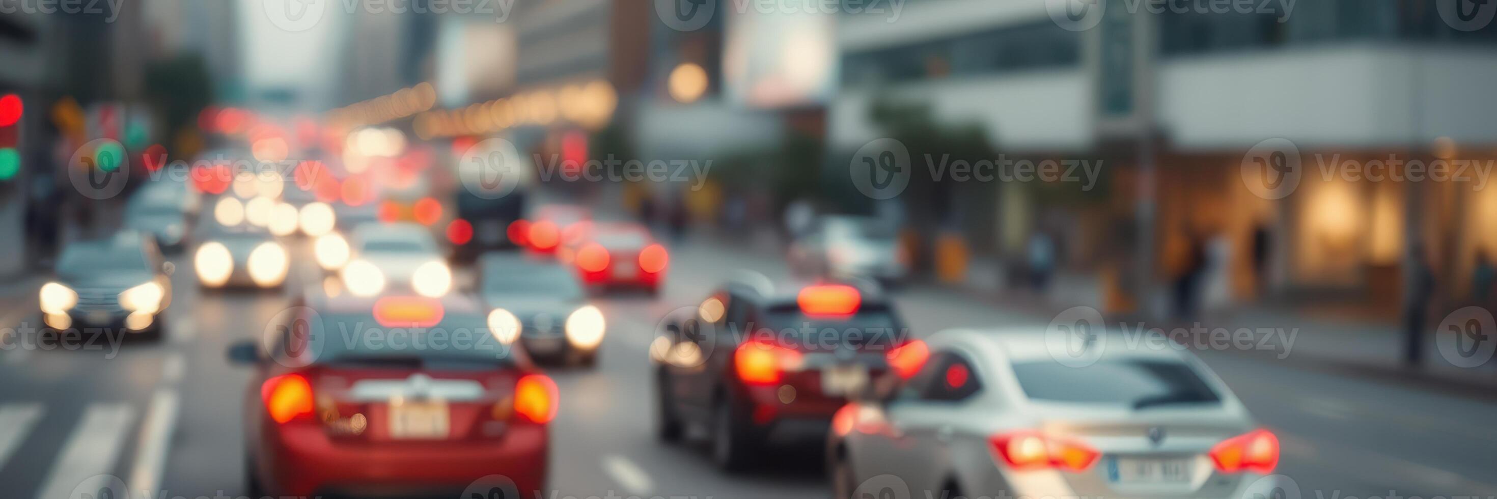 Urban traffic bustling on a busy street during evening rush hour in a city photo