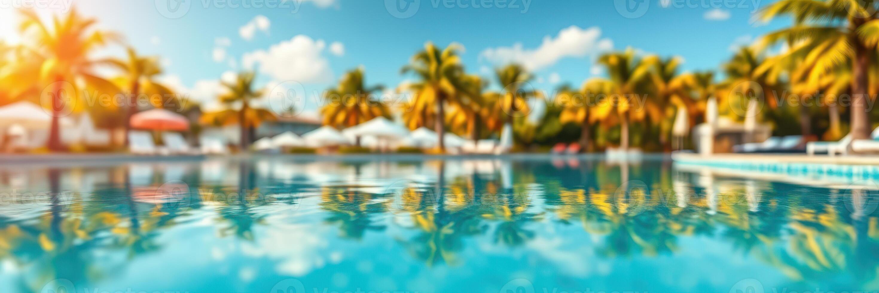 Relaxing by the pool under the sun with palm trees in a tropical resort photo