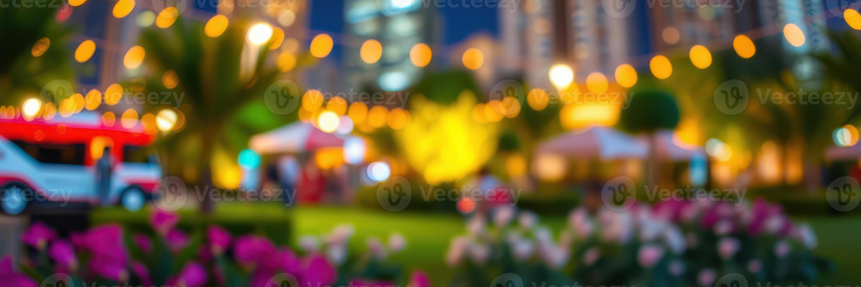 Vibrant night market with colorful flowers and city skyline in the background showcasing lively atmosphere photo