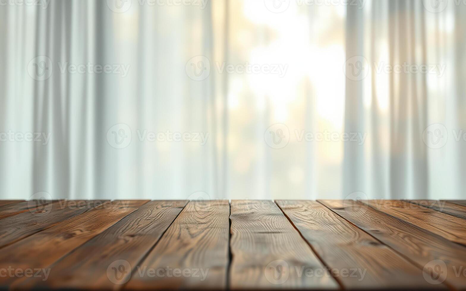 Simple wooden table background with soft natural light filtering through sheer curtains photo