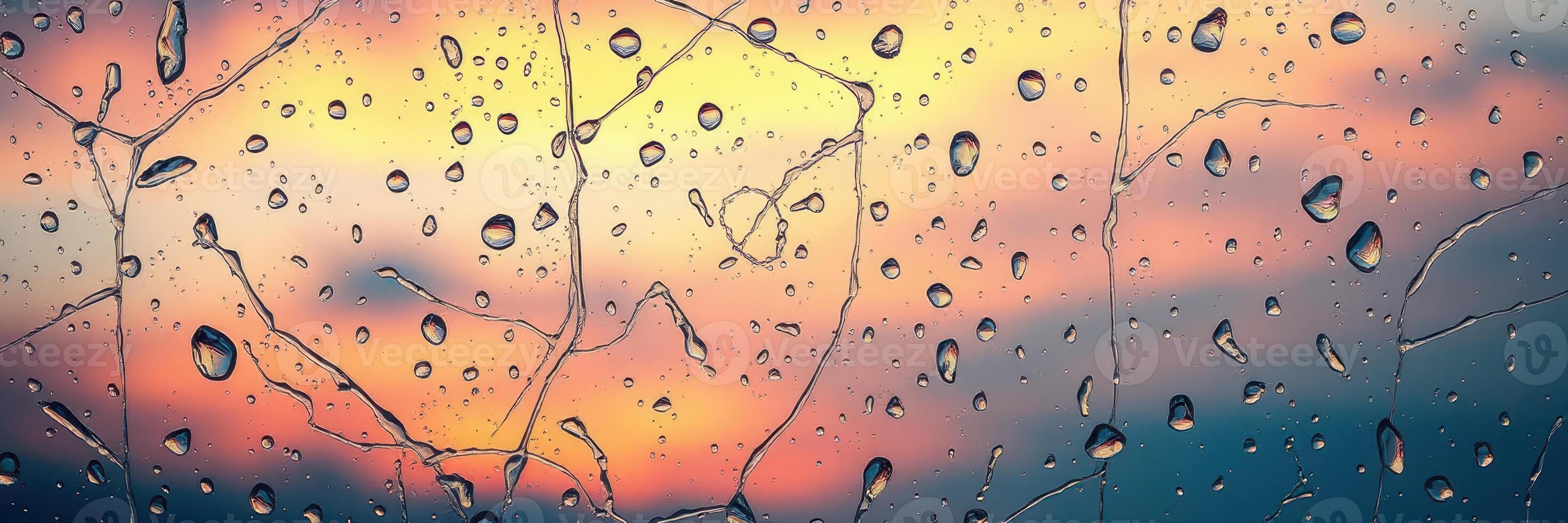 Raindrops on glass reflecting a colorful sunset with streaks of water creating intricate patterns photo
