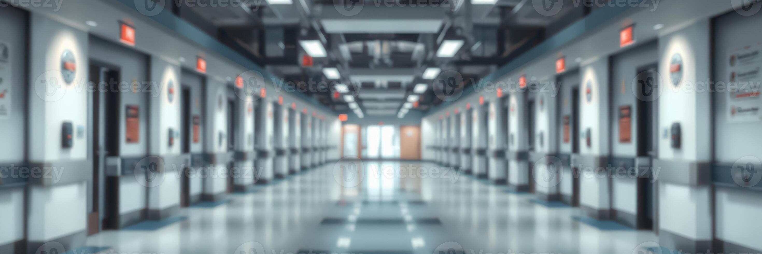 Modern hallway with illuminated doors and emergency signs in a sleek building design during daylight hours photo