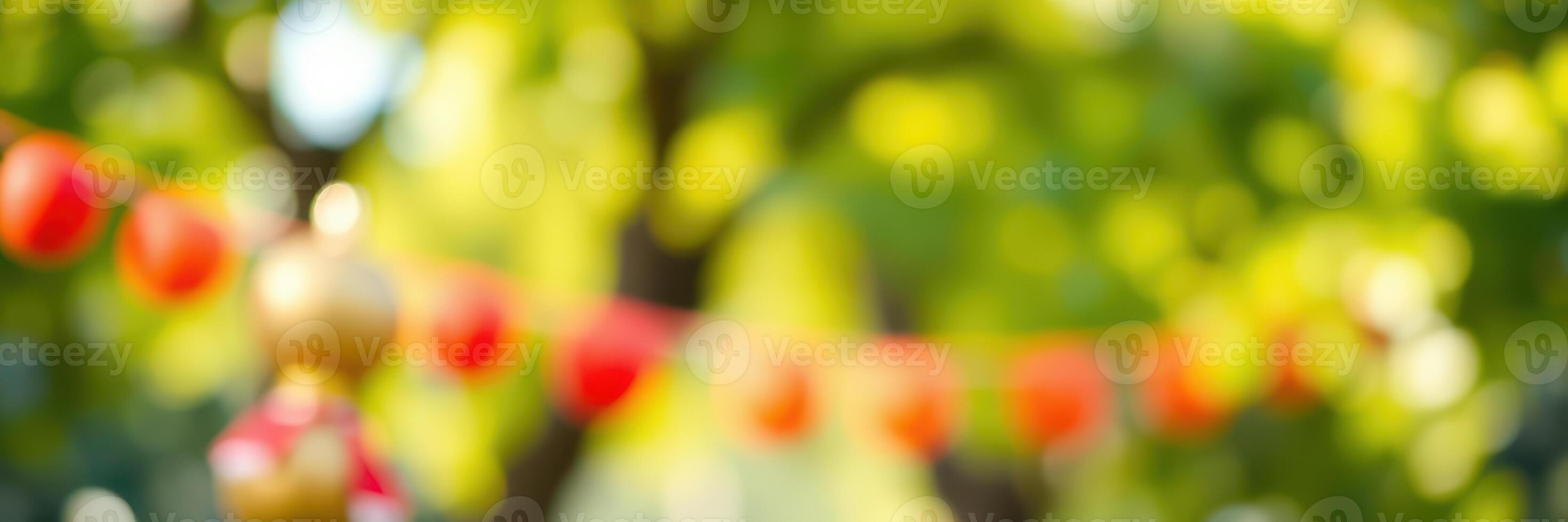 Brightly decorated outdoor celebration with colorful lanterns hanging amid lush greenery photo