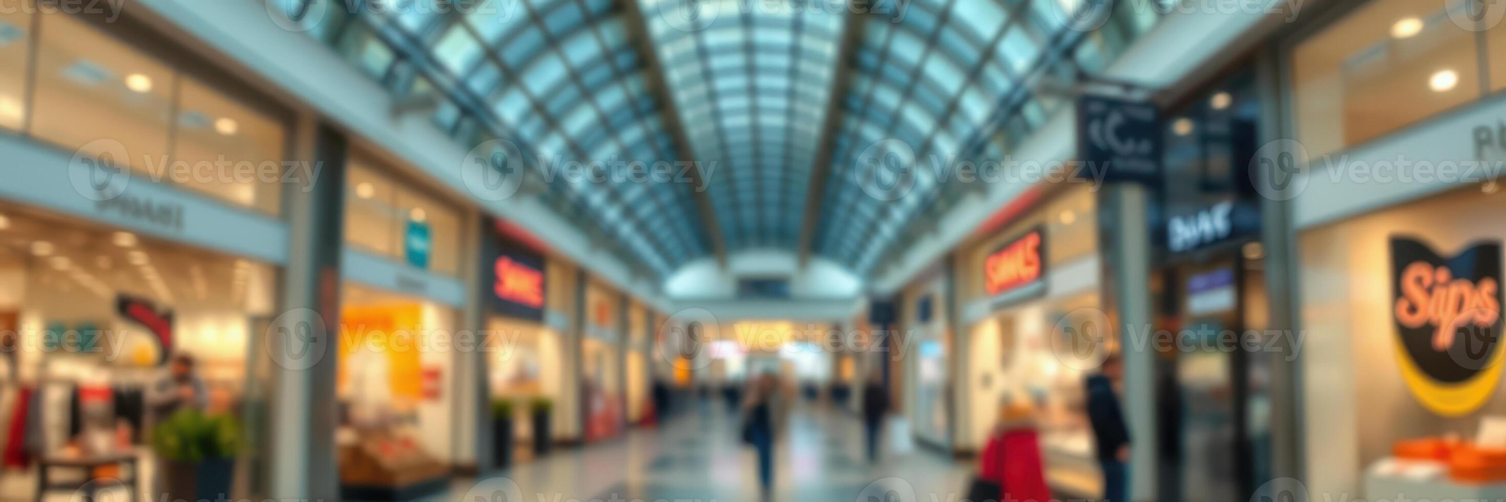 Shopping center hallway with modern architecture and blurred shoppers on a busy weekend day photo