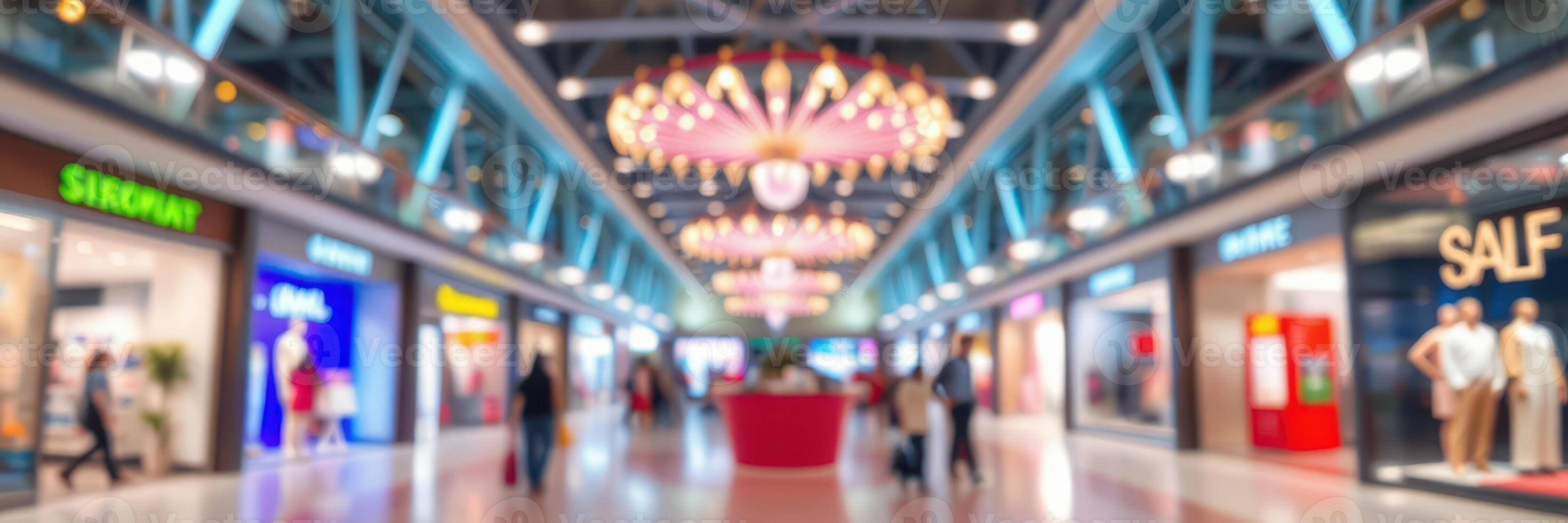 Shopping mall interior bustling with shoppers during a busy afternoon filled with vibrant storefronts and festive decorations photo