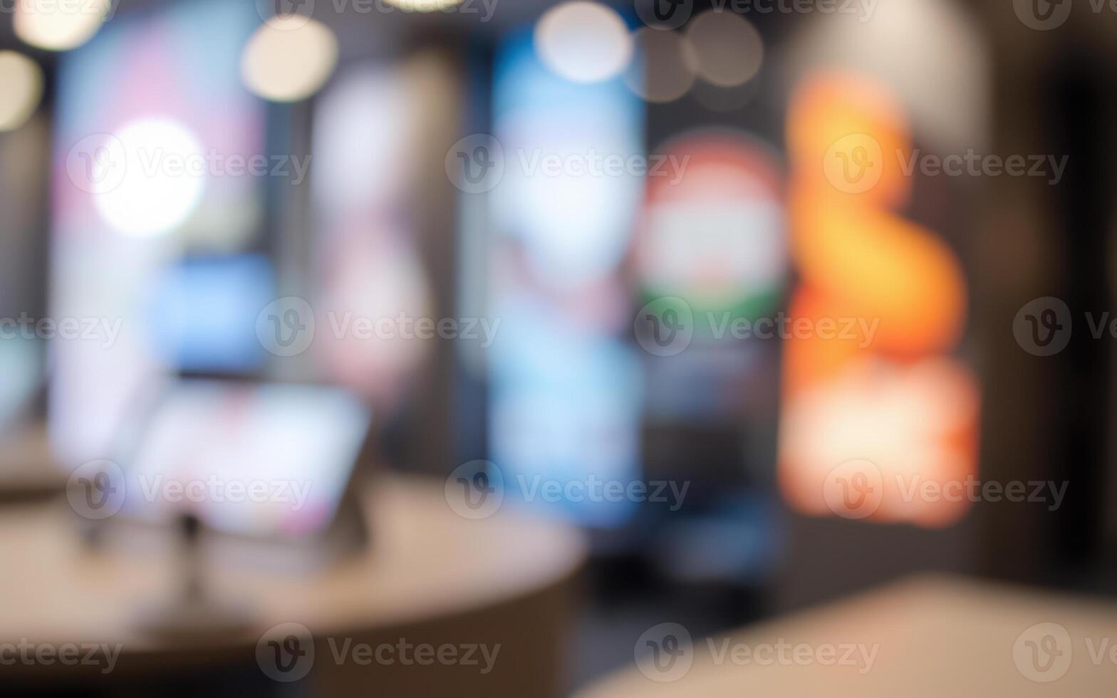 Brightly lit modern interior of a restaurant highlighting vibrant decorations in the background photo