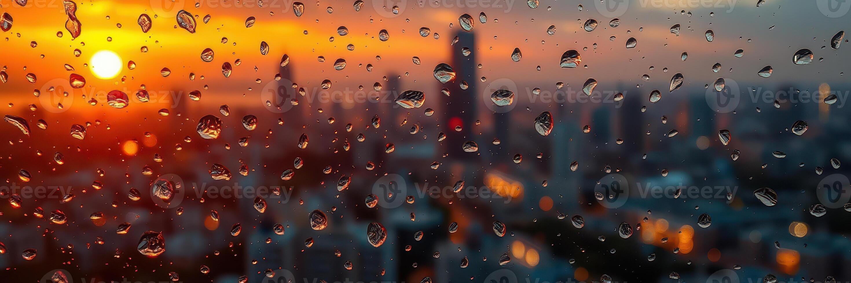 Sunset over a city skyline with raindrops on a windowpane during evening hours photo