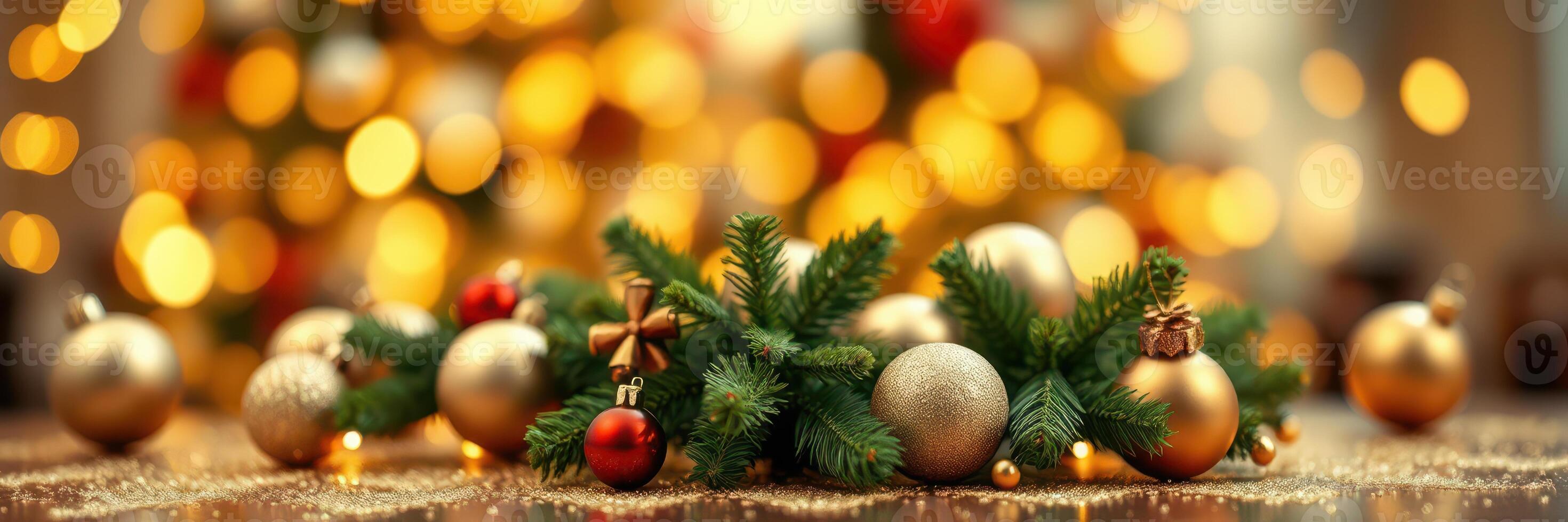 Holiday decorations showcase shimmering ornaments and festive greenery on a wooden table during winter celebrations photo