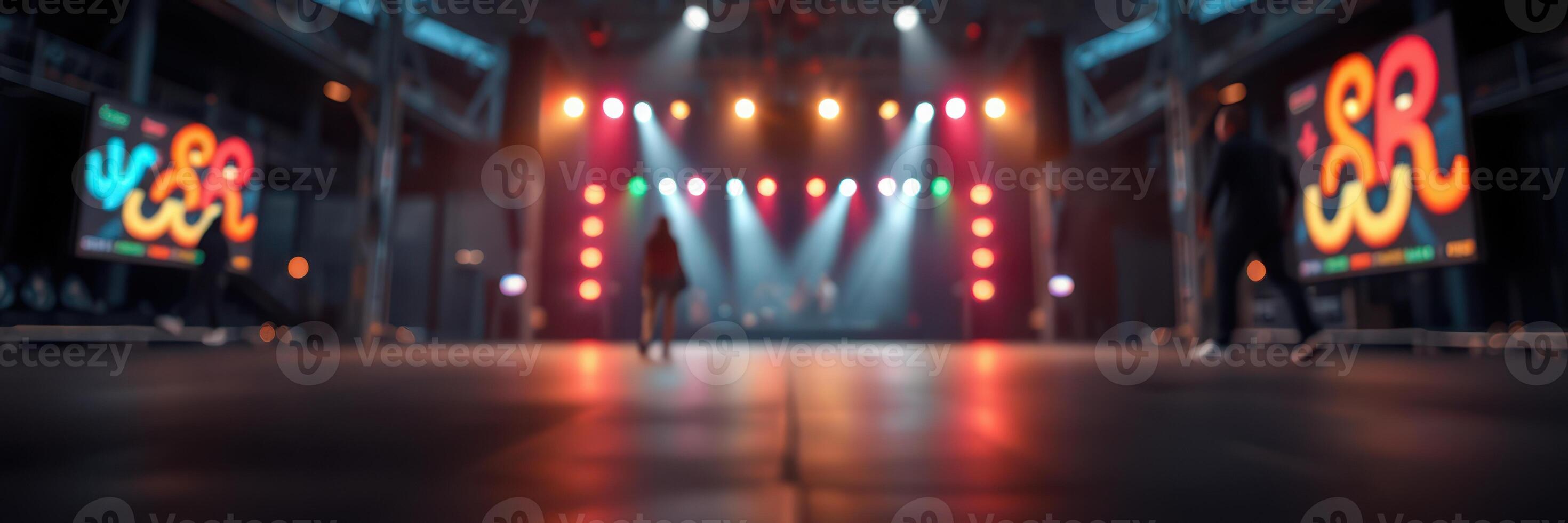 Stage set for an exciting music event with vibrant lights and a dynamic atmosphere in an urban venue photo