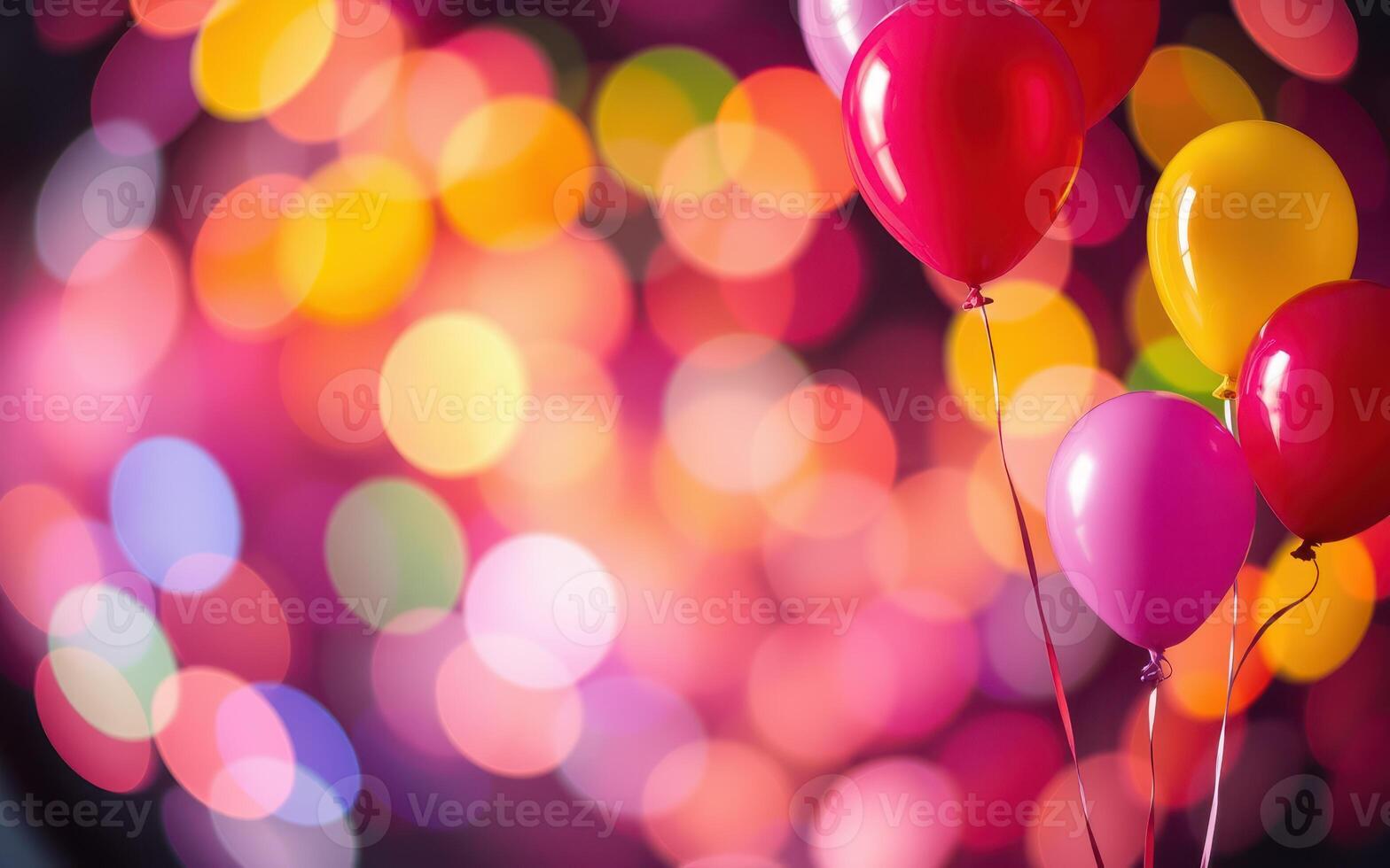 Colorful balloons floating against a vibrant background of blurred lights during a festive celebration photo