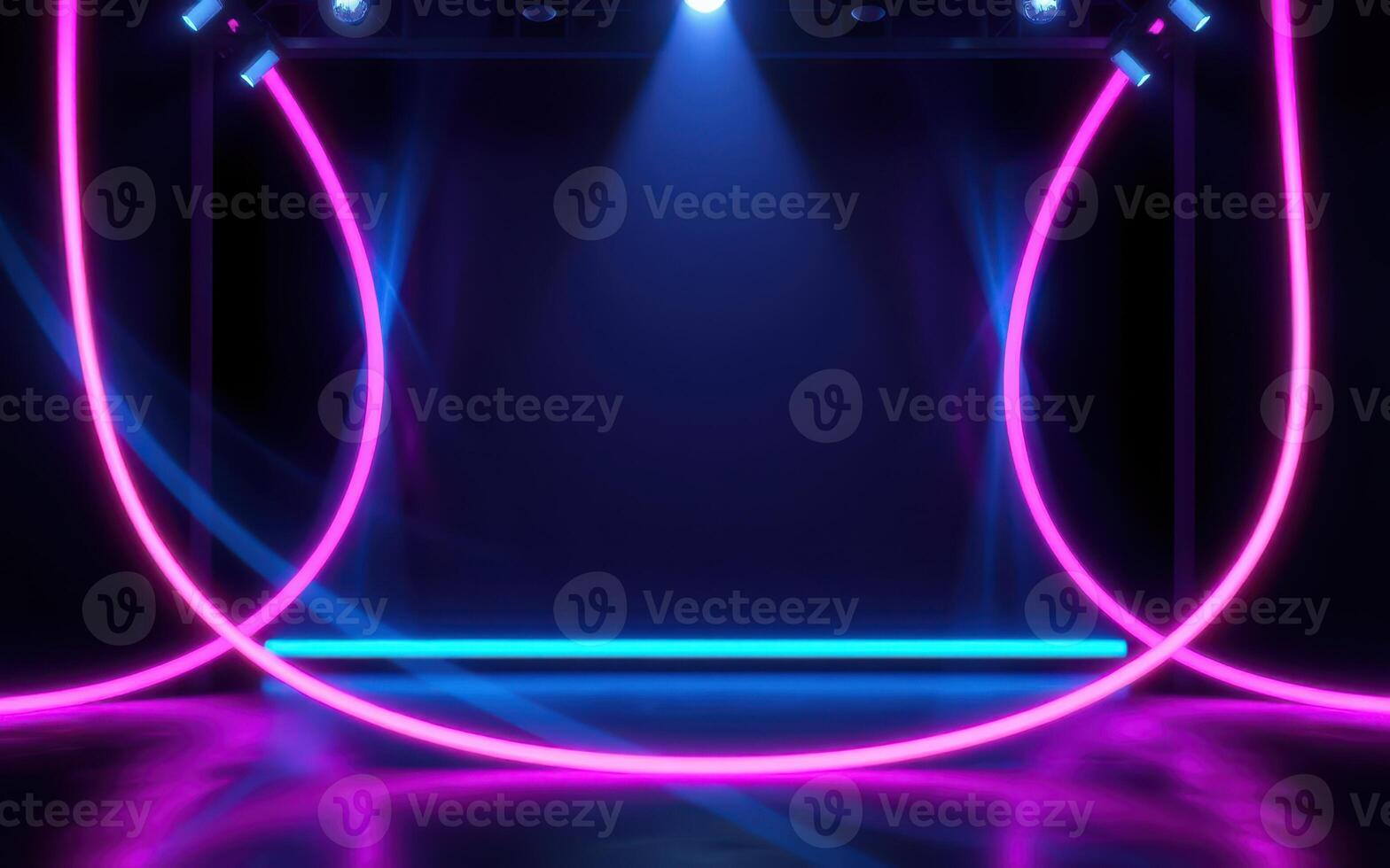 Bright neon lights create a vibrant atmosphere in a darkened space for an event or performance photo