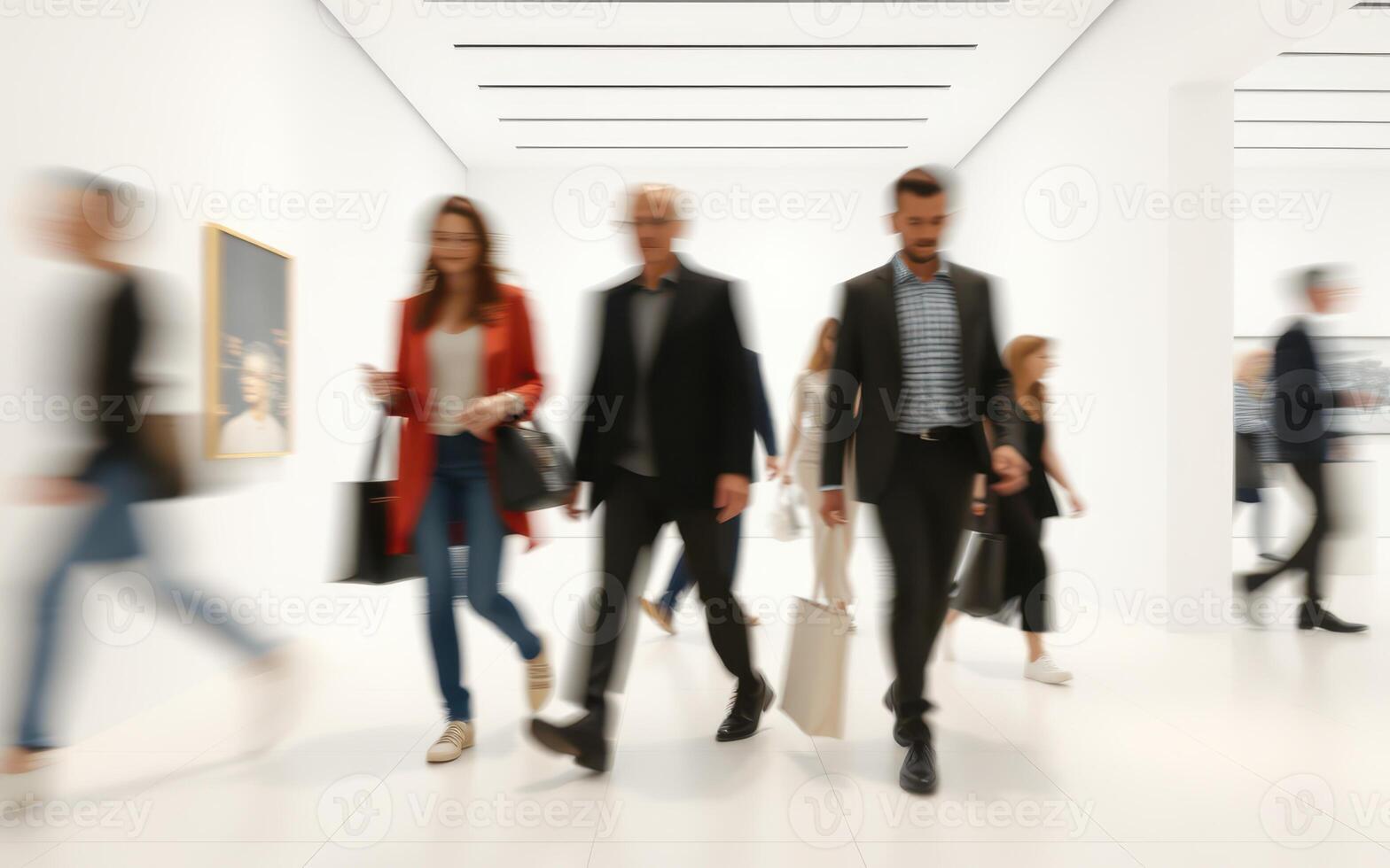 Visitors explore an art gallery filled with contemporary works during a busy afternoon event in a modern space photo
