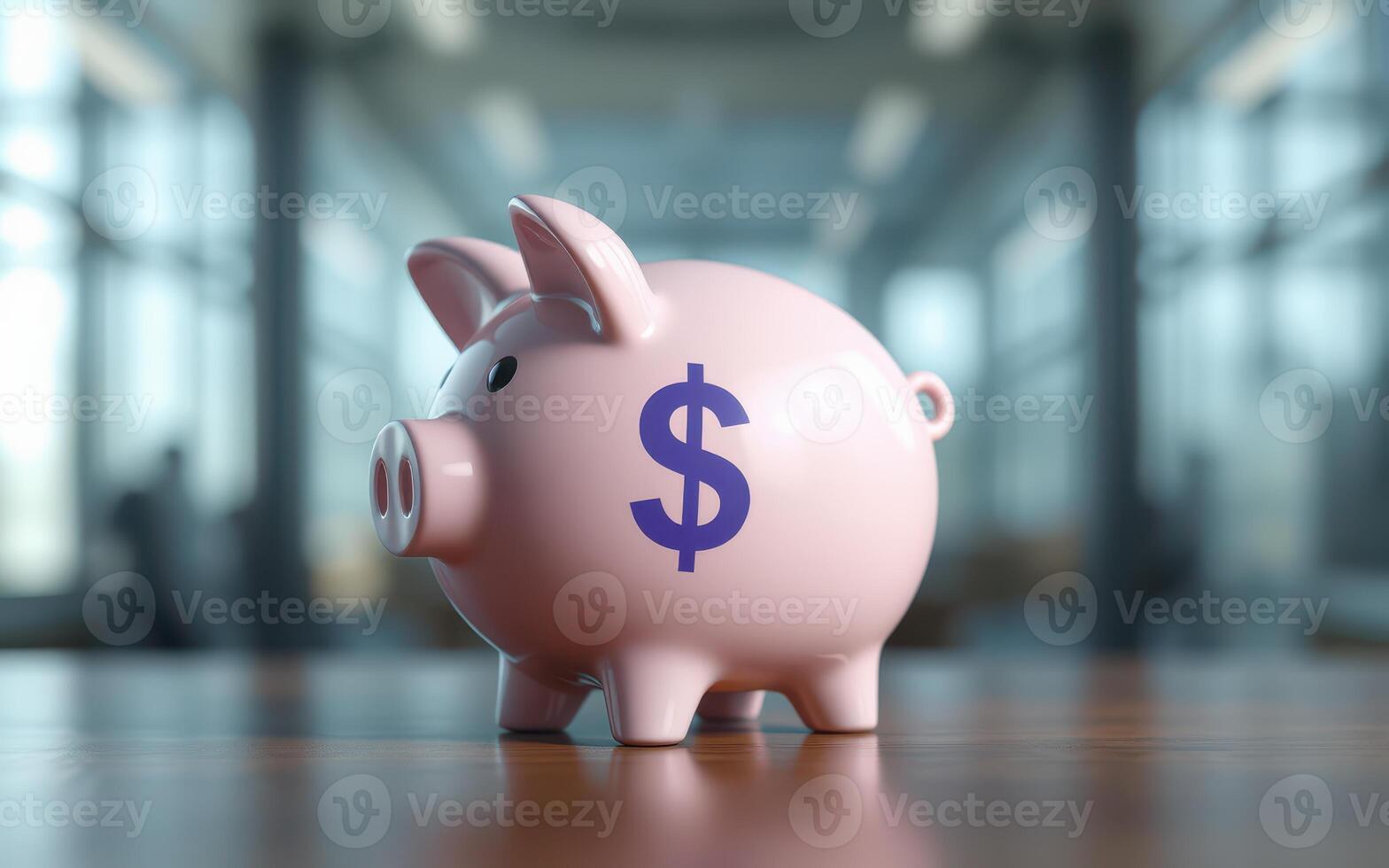 Pink piggy bank with a dollar sign in a modern office environment on a wooden table photo