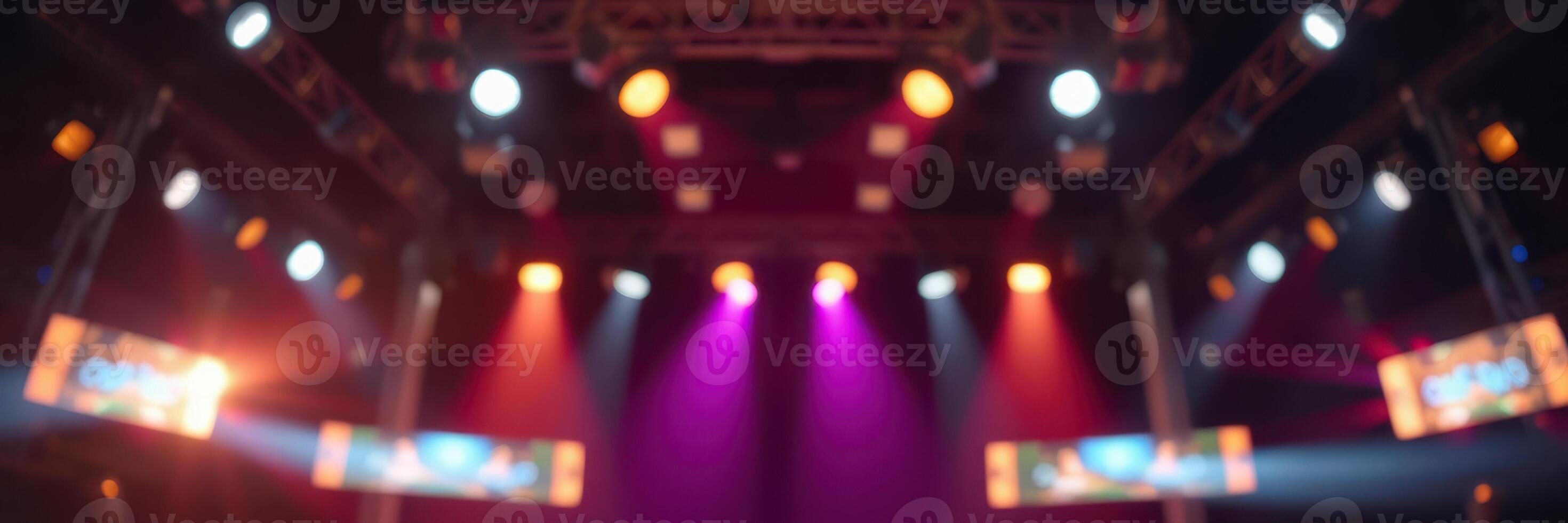 Colorful lights illuminate a vibrant stage during a lively concert at an indoor venue photo