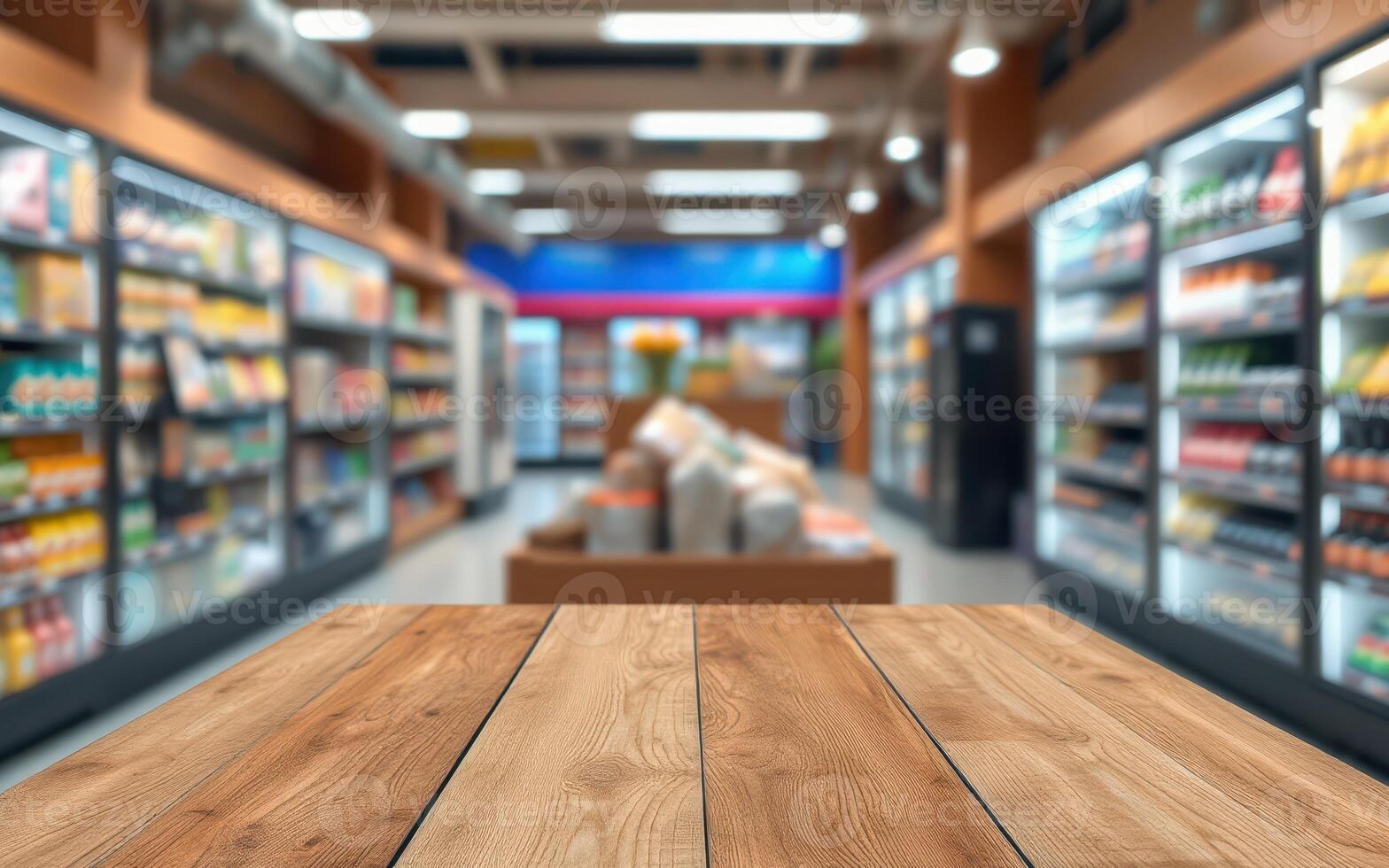 Grocery store interior with wooden countertop in focus and shelves filled with products in the background photo