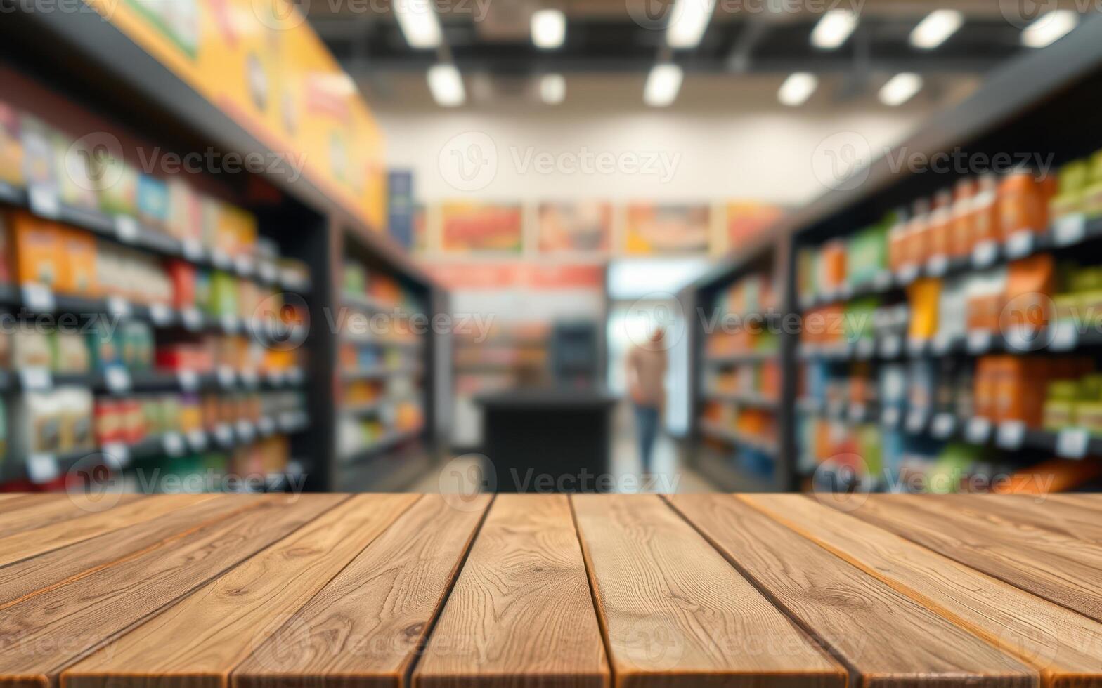 Wooden table foreground in a grocery store aisle filled with various products and a blurred shopper in the background photo