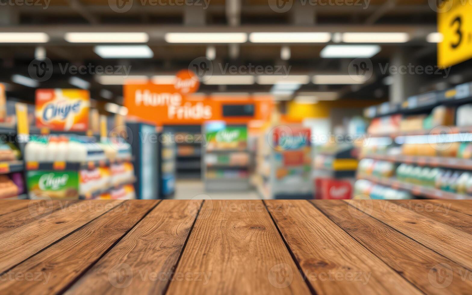 Shelves stocked with groceries visible in background while wooden table is in focus in a supermarket during daytime photo
