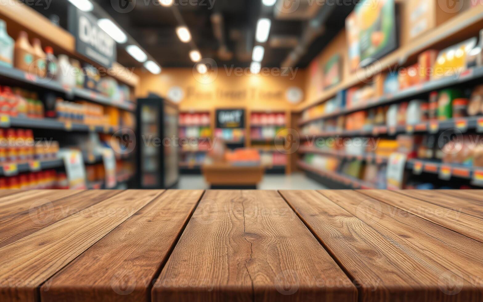 Brightly lit grocery store interior with wooden table in foreground and organized shelves in background photo