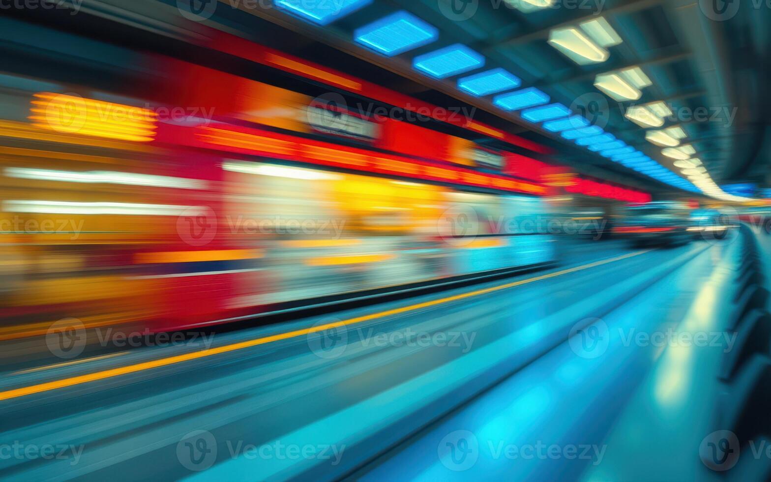 Motion blur of urban train station with colorful lights at twilight capturing the essence of busy city life photo