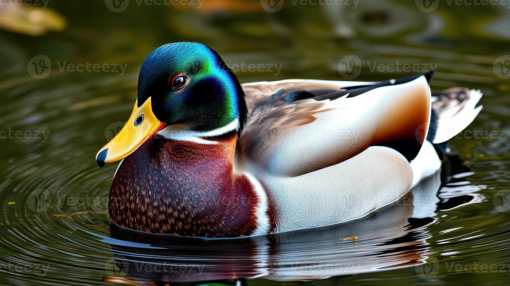 Colorful mallard duck swimming in a serene pond surrounded by lush greenery and reflecting water at midday photo