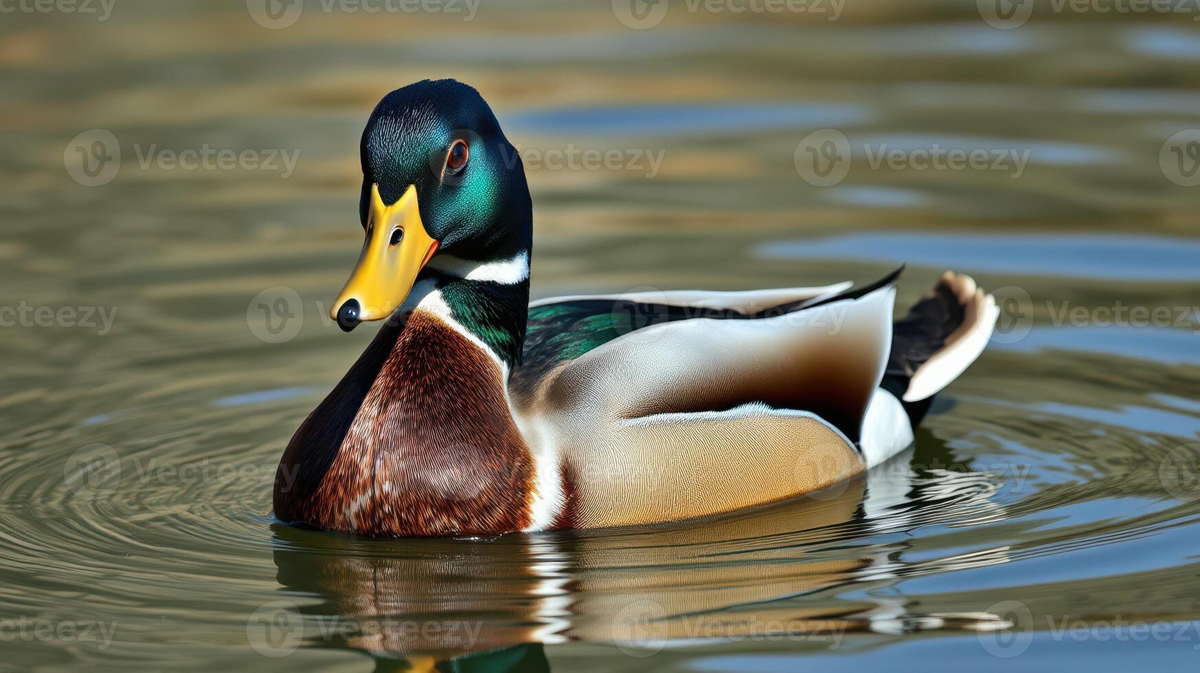 Colorful male duck swims gracefully in a serene pond during a bright sunny day photo