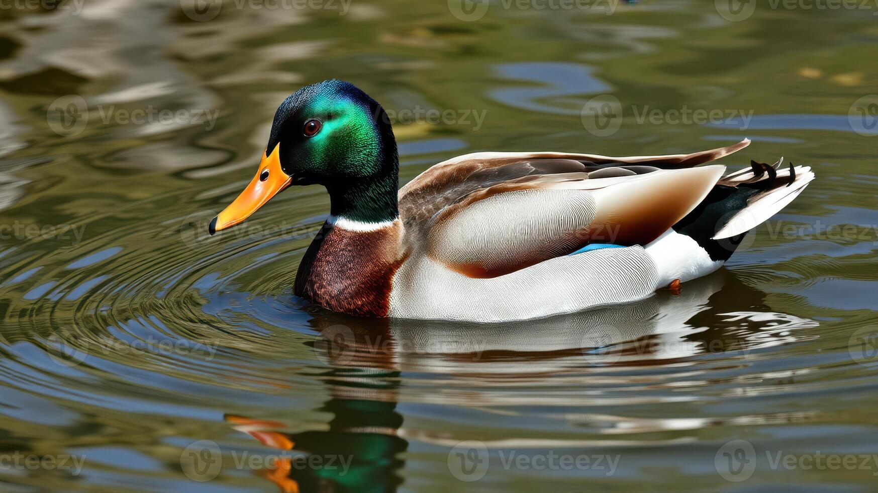 Male duck swims gracefully in a serene pond surrounded by gentle ripples and vibrant reflections during midday photo