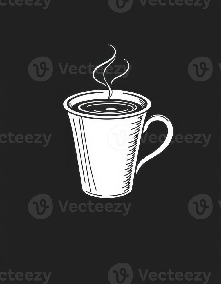 Steaming cup of coffee outlined in white against a dark background with swirling steam visible above the surface photo