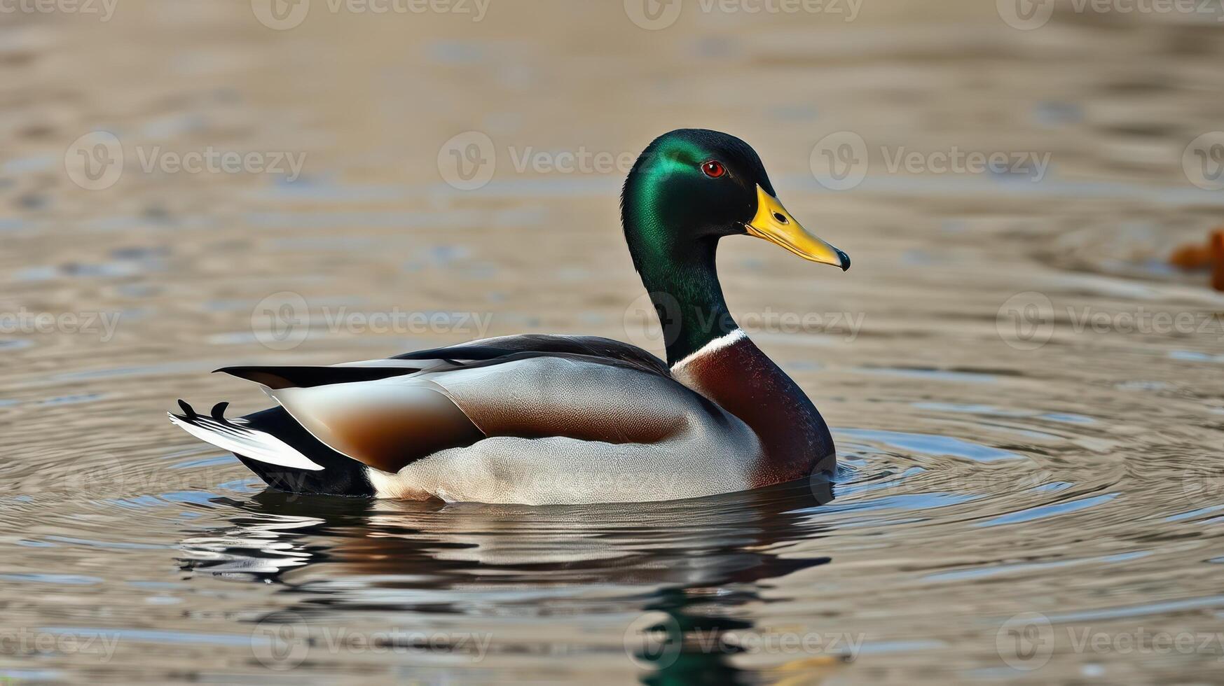 Colorful mallard duck gracefully swimming in a calm pond on a sunny day photo