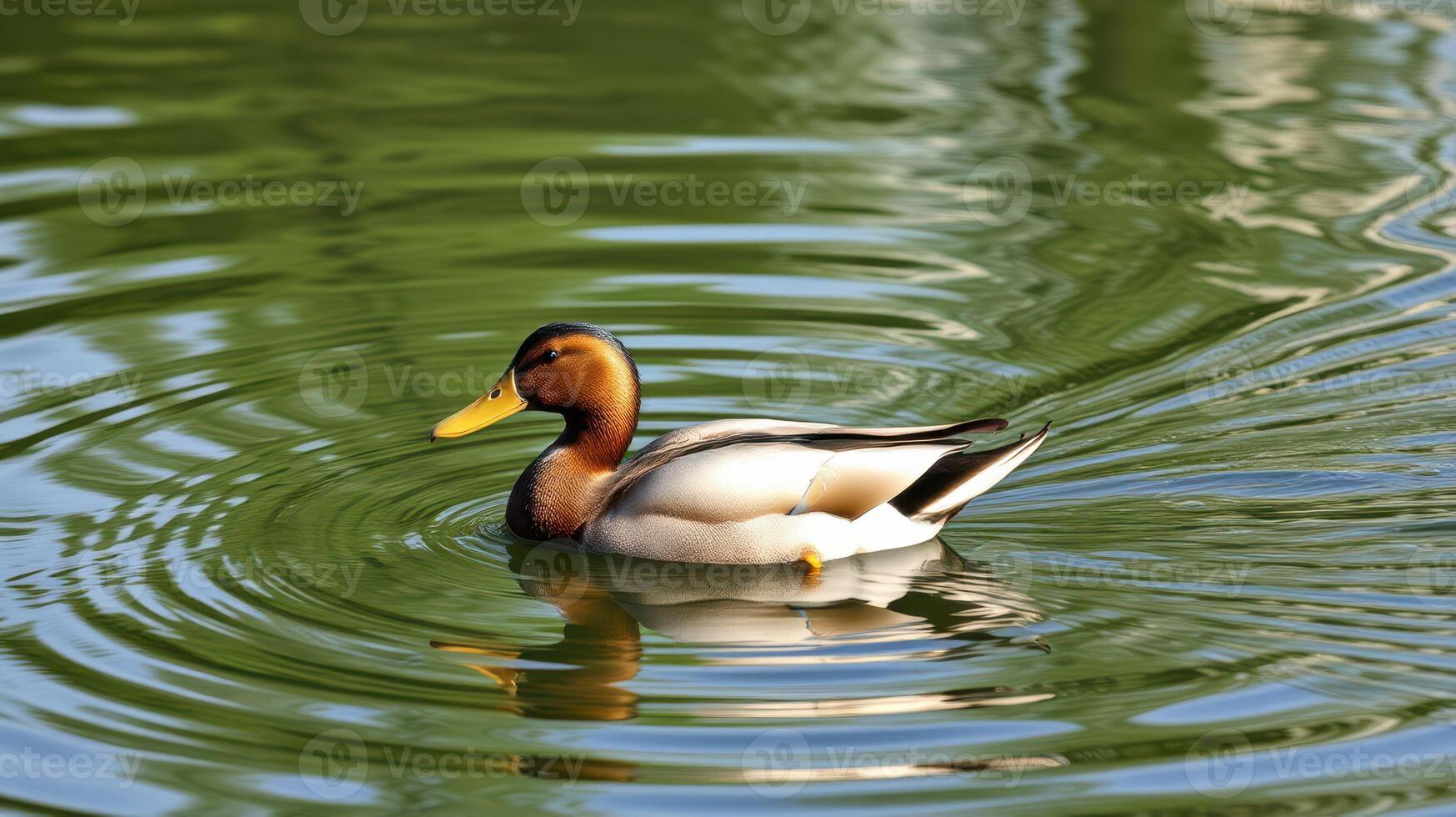Duck swimming gracefully in a serene pond reflecting the lush greenery during a sunny afternoon photo