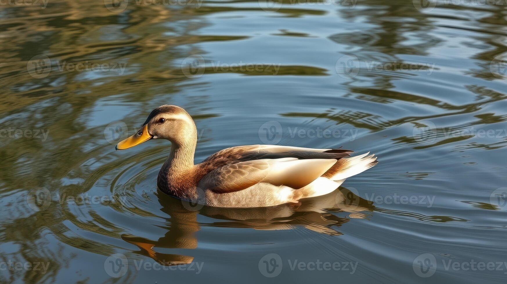 Duck swimming peacefully in a tranquil pond surrounded by natural greenery during bright daylight hours photo