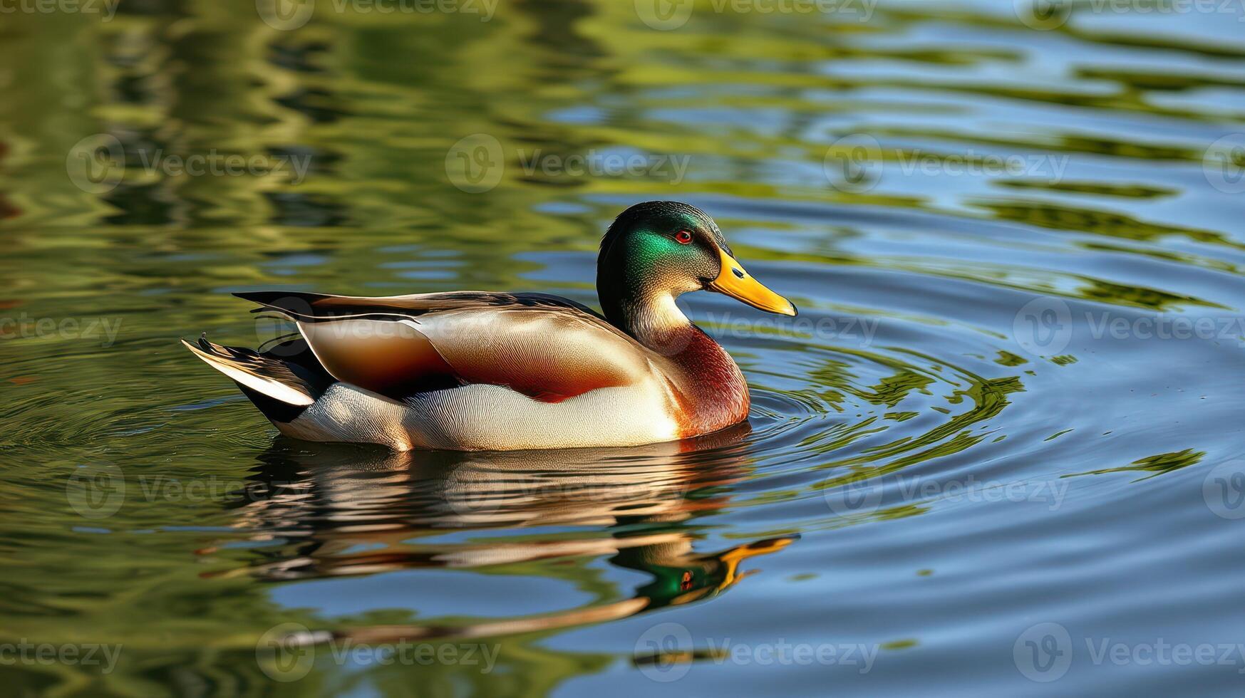 Mallard duck swimming gracefully in a calm pond surrounded by lush greenery photo
