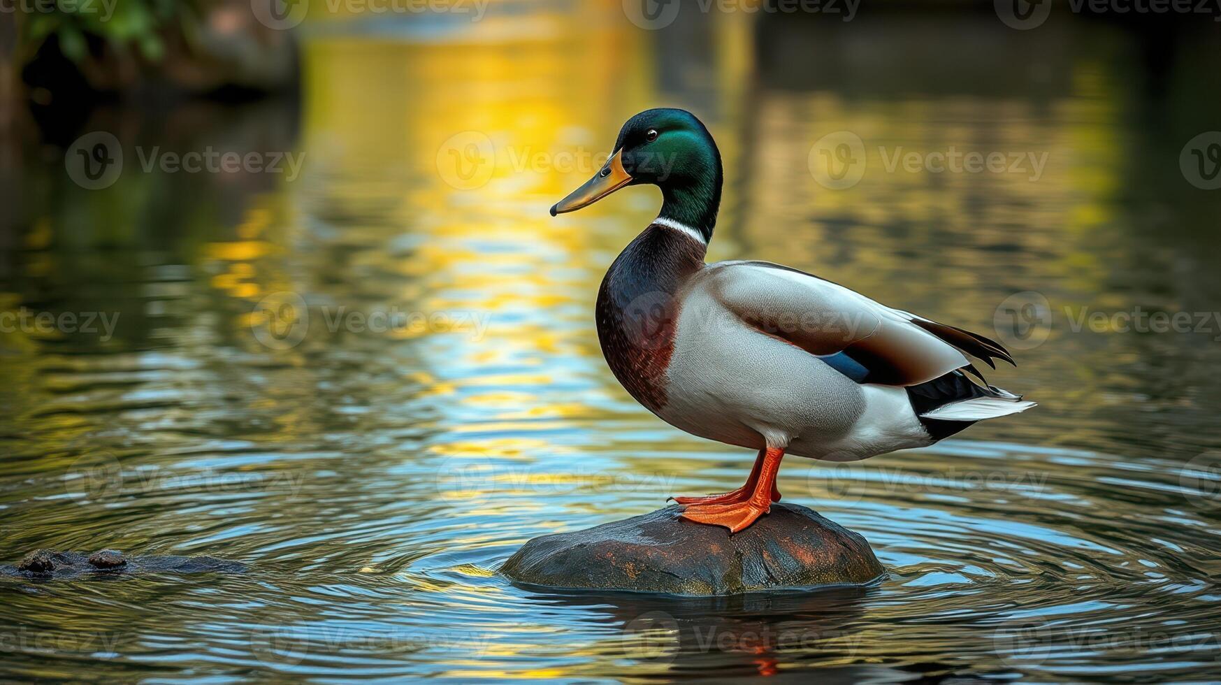 Colorful male duck standing on a rock in calm water during a sunny day photo