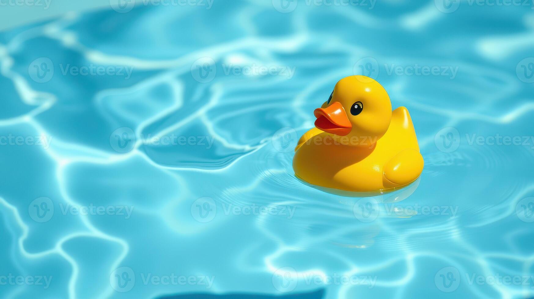 Bright yellow rubber duck floats serenely on clear blue water under sunlight in a summer setting photo